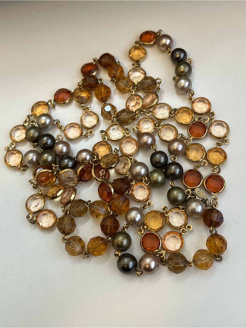 Vintage Premier Designs Long Necklace Beaded 60 Inch Amber Crystal Faux Pearl